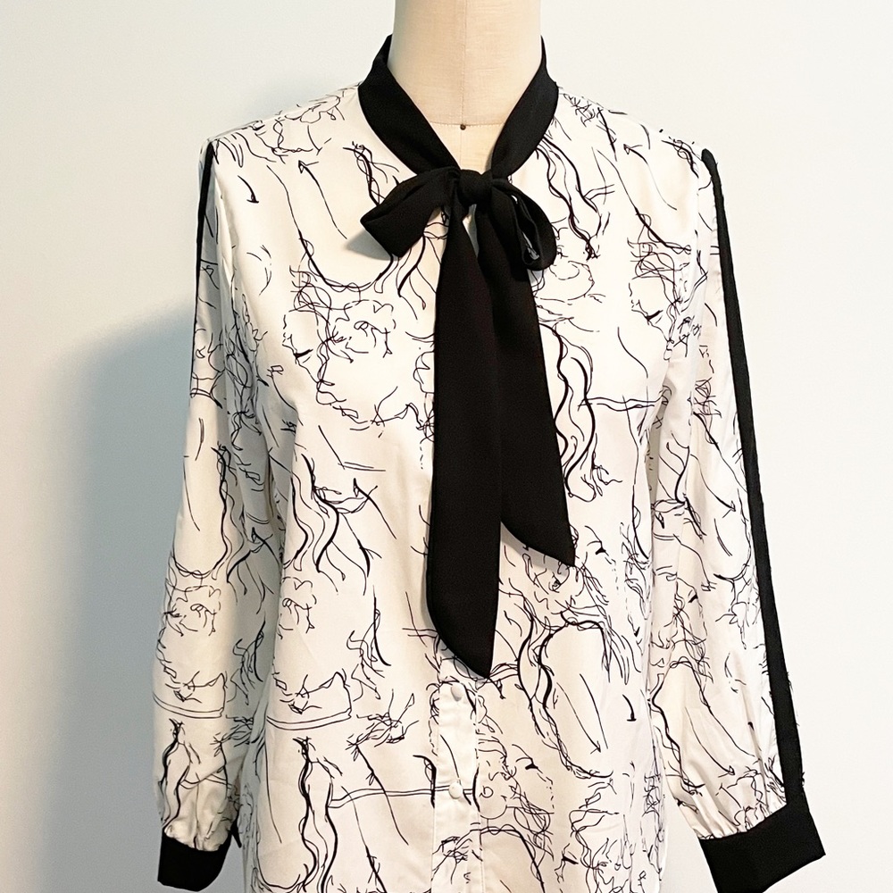 Hanxiner blouse, white black bow top, faces, visage
